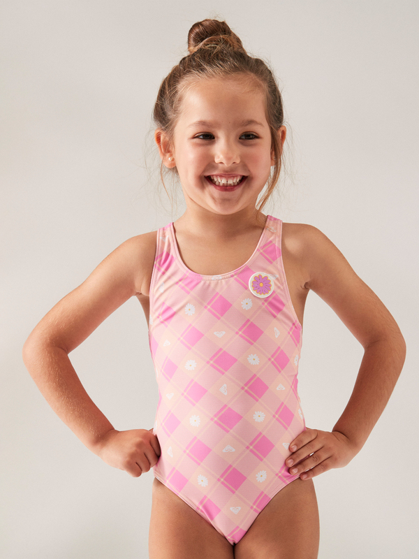 Girl's 2-7 Flower Plaid One-Piece Swimsuit