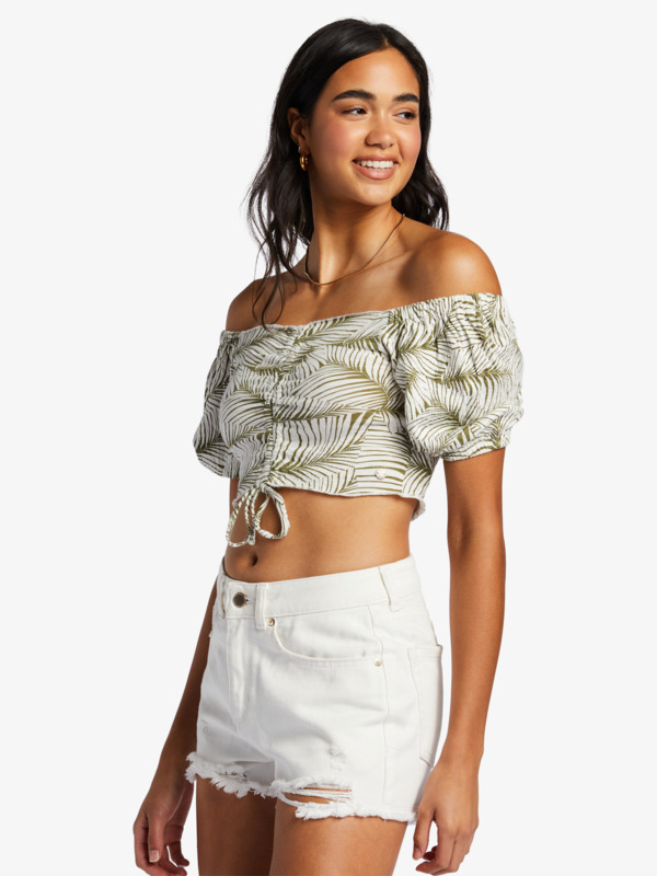 Flirty Walk Printed Ruched Cropped Top With Puff Sleeves